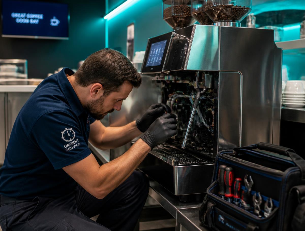 Técnico reparando una cafetera industrial en una cafetería